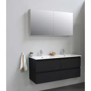 Sanilet badkamermeubel Rob - 120 cm breed - mat zwart - flatpack - met spiegelkast - wastafel porselein - 1 kraangat