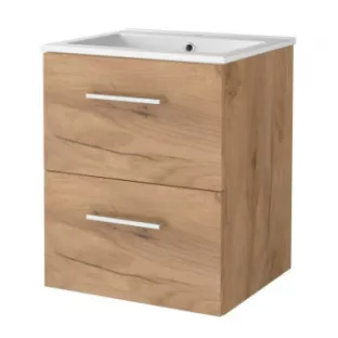 Basic line 46 Badkamermeubel met chrome grepen - 50 cm - Warm eiken - wastafel porselein 1 kraangat - zonder spiegel