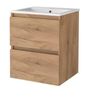 Basic line 46 Badkamermeubel greeploos - 60 cm - Warm eiken - wastafel porselein 1 kraangat - zonder spiegel
