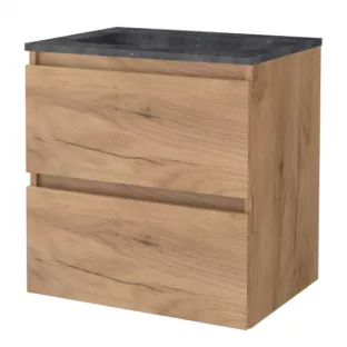 Basic line 46 Badkamermeubel greeploos - 60 cm - Warm eiken - wastafel natuursteen 1 kraangat - zonder spiegel