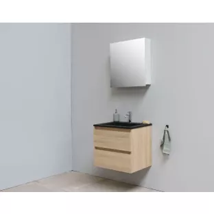 Sanilet badkamermeubel Rob - 60 cm breed - eiken - flatpack - met spiegelkast - wastafel zwart acryl - 1 kraangat