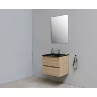 Sanilet badkamermeubel Rob - 60 cm breed - eiken - bouwpakket - zonder spiegel - wastafel zwart acryl - 1 kraangat