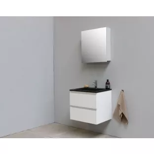 Sanilet badkamermeubel Rob - 60 cm breed - hoogglans wit - in elkaar gezet - met spiegelkast - wastafel zwart acryl - 1 kraangat