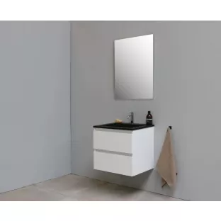 Sanilet badkamermeubel Rob - 60 cm breed - hoogglans wit - in elkaar gezet - zonder spiegel - wastafel zwart acryl - 1 kraangat
