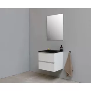 Sanilet badkamermeubel Rob - 60 cm breed - hoogglans wit - in elkaar gezet - zonder spiegel - wastafel zwart acryl - 0 kraangaten