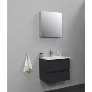 Sanilet badkamermeubel Rob - 60 cm breed - mat antraciet - flatpack - met spiegelkast - wastafel wit acryl - 1 kraangat