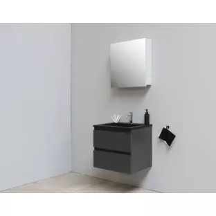 Sanilet badkamermeubel Rob - 60 cm breed - mat antraciet - flatpack - met spiegelkast - wastafel zwart acryl - 1 kraangat