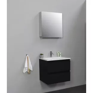 Sanilet badkamermeubel Rob - 60 cm breed - mat zwart - flatpack - met spiegelkast - wastafel wit acryl - 0 kraangaten