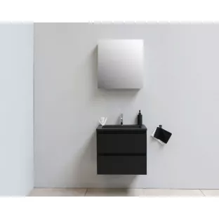 Sanilet badkamermeubel Rob - 60 cm breed - mat zwart - flatpack - met spiegelkast - wastafel zwart acryl - 1 kraangat