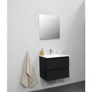 Sanilet badkamermeubel Rob - 60 cm breed - mat zwart - in elkaar gezet - met ledverlichting - wastafel porselein - 1 kraangat