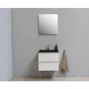 Sanilet badkamermeubel Rob - 60 cm breed - hoogglans wit - flatpack - met ledverlichting - wastafel zwart acryl - 0 kraangaten