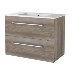 Basic line 46 Badkamermeubel met chrome grepen - 80 cm - Donker eiken - wastafel porselein 1 kraangat - zonder spiegel