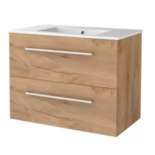 Basic line 46 Badkamermeubel met chrome grepen - 80 cm - Warm eiken - wastafel porselein 1 kraangat - zonder spiegel