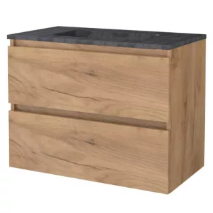 Basic line 46 Badkamermeubel greeploos - 80 cm - Warm eiken - wastafel natuursteen 1 kraangat - zonder spiegel