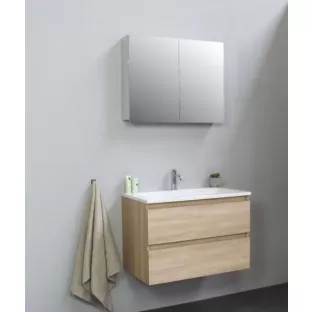 Sanilet badkamermeubel Rob - 80 cm breed - eiken - in elkaar gezet - met spiegelkast - wastafel wit acryl - 1 kraangat