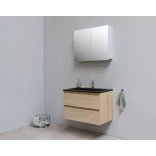 Sanilet badkamermeubel Rob - 80 cm breed - eiken - flatpack - met spiegelkast - wastafel zwart acryl - 1 kraangat