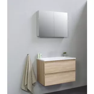 Sanilet badkamermeubel Rob - 80 cm breed - eiken - in elkaar gezet - met spiegelkast - wastafel wit acryl - 0 kraangaten
