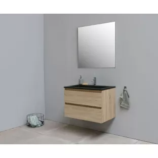 Sanilet badkamermeubel Rob - 80 cm breed - eiken - bouwpakket - zonder spiegel - wastafel zwart acryl - 1 kraangat