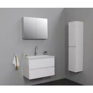 Sanilet badkamermeubel Rob - 80 cm breed - hoogglans wit - flatpack - met spiegelkast - wastafel wit acryl - 1 kraangat