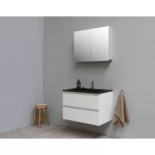 Sanilet badkamermeubel Rob - 80 cm breed - hoogglans wit - in elkaar gezet - met spiegelkast - wastafel zwart acryl - 1 kraangat