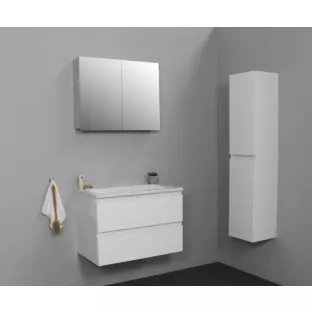 Sanilet badkamermeubel Rob - 80 cm breed - hoogglans wit - in elkaar gezet - met spiegelkast - wastafel wit acryl - 0 kraangaten