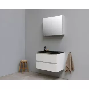 Sanilet badkamermeubel Rob - 80 cm breed - hoogglans wit - flatpack - met spiegelkast - wastafel zwart acryl - 0 kraangaten