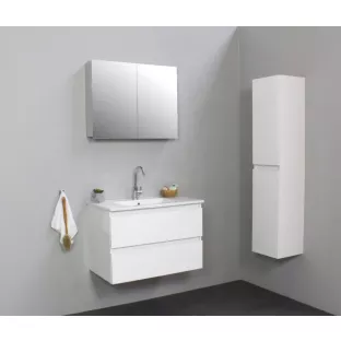 Sanilet badkamermeubel Rob - 80 cm breed - hoogglans wit - in elkaar gezet - met spiegelkast - wastafel porselein - 1 kraangat