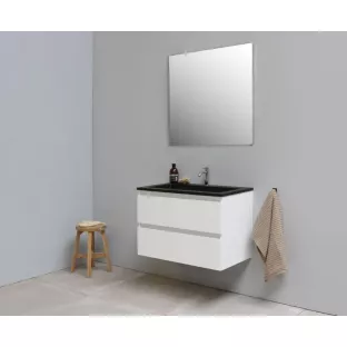Sanilet badkamermeubel Rob - 80 cm breed - hoogglans wit - in elkaar gezet - zonder spiegel - wastafel zwart acryl - 1 kraangat