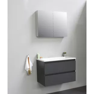 Sanilet badkamermeubel Rob - 80 cm breed - mat antraciet - flatpack - met spiegelkast - wastafel wit acryl - 0 kraangaten