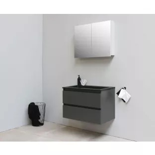 Sanilet badkamermeubel Rob - 80 cm breed - mat antraciet - in elkaar gezet - met spiegelkast - wastafel zwart acryl - 0 kraangaten