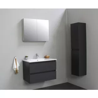 Sanilet badkamermeubel Rob - 80 cm breed - mat antraciet - flatpack - met spiegelkast - wastafel porselein - 1 kraangat