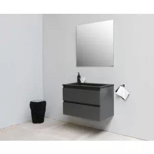 Sanilet badkamermeubel Rob - 80 cm breed - mat antraciet - bouwpakket - zonder spiegel - wastafel zwart acryl - 0 kraangaten