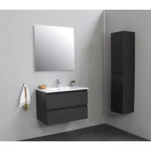 Sanilet badkamermeubel Rob - 80 cm breed - mat antraciet - bouwpakket - met spiegel - wastafel porselein - 1 kraangat
