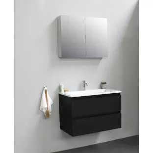 Sanilet badkamermeubel Rob - 80 cm breed - mat zwart - flatpack - met spiegelkast - wastafel wit acryl - 1 kraangat