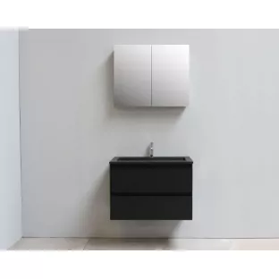 Sanilet badkamermeubel Rob - 80 cm breed - mat zwart - in elkaar gezet - met spiegelkast - wastafel zwart acryl - 1 kraangat