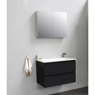 Sanilet badkamermeubel Rob - 80 cm breed - mat zwart - in elkaar gezet - met spiegelkast - wastafel wit acryl - 0 kraangaten
