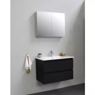 Sanilet badkamermeubel Rob - 80 cm breed - mat zwart - flatpack - met spiegelkast - wastafel porselein - 1 kraangat