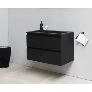 Sanilet badkamermeubel Rob - 80 cm breed - mat zwart - bouwpakket - zonder spiegel - wastafel zwart acryl - 0 kraangaten