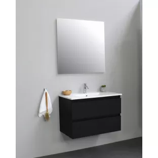 Sanilet badkamermeubel Rob - 80 cm breed - mat zwart - bouwpakket - zonder spiegel - wastafel porselein - 1 kraangat