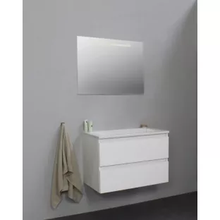 Sanilet badkamermeubel Rob - 80 cm breed - hoogglans wit - flatpack - met ledverlichting - wastafel wit acryl - 0 kraangaten