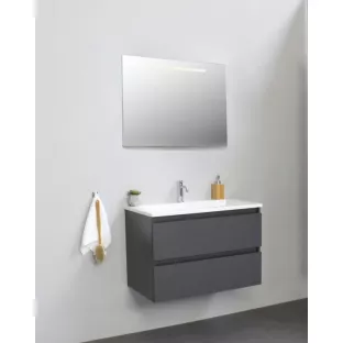 Sanilet badkamermeubel Rob - 80 cm breed - mat antraciet - flatpack - met ledverlichting - wastafel wit acryl - 1 kraangat