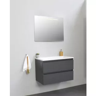 Sanilet badkamermeubel Rob - 80 cm breed - mat antraciet - in elkaar gezet - met ledverlichting - wastafel wit acryl - 0 kraangaten
