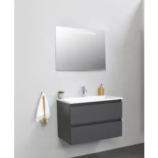 Sanilet badkamermeubel Rob - 80 cm breed - mat antraciet - flatpack - met ledverlichting - wastafel porselein - 1 kraangat