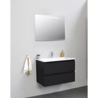 Sanilet badkamermeubel Rob - 80 cm breed - mat zwart - flatpack - met ledverlichting - wastafel wit acryl - 1 kraangat