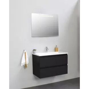 Sanilet badkamermeubel Rob - 80 cm breed - mat zwart - flatpack - met ledverlichting - wastafel porselein - 1 kraangat