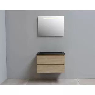 Sanilet badkamermeubel Rob - 80 cm breed - eiken - flatpack - met ledverlichting - wastafel zwart acryl - 0 kraangaten