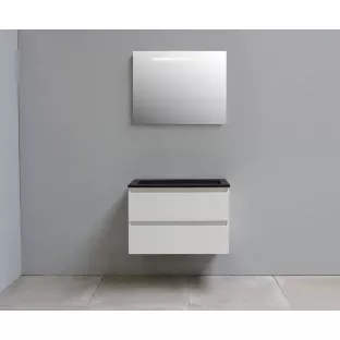 Sanilet badkamermeubel Rob - 80 cm breed - hoogglans wit - in elkaar gezet - met ledverlichting - wastafel zwart acryl - 0 kraangaten