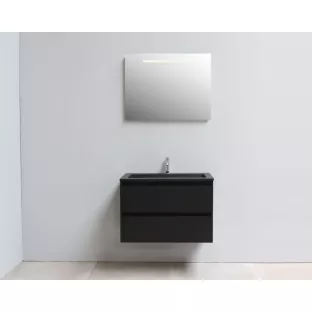Sanilet badkamermeubel Rob - 80 cm breed - mat zwart - in elkaar gezet - met ledverlichting - wastafel zwart acryl - 1 kraangat