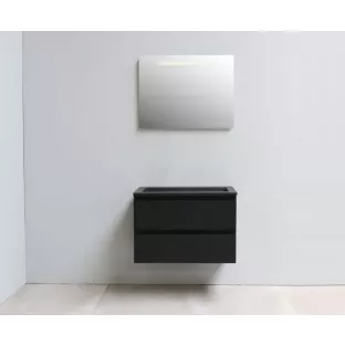 Sanilet badkamermeubel Rob - 80 cm breed - mat zwart - flatpack - met ledverlichting - wastafel zwart acryl - 0 kraangaten